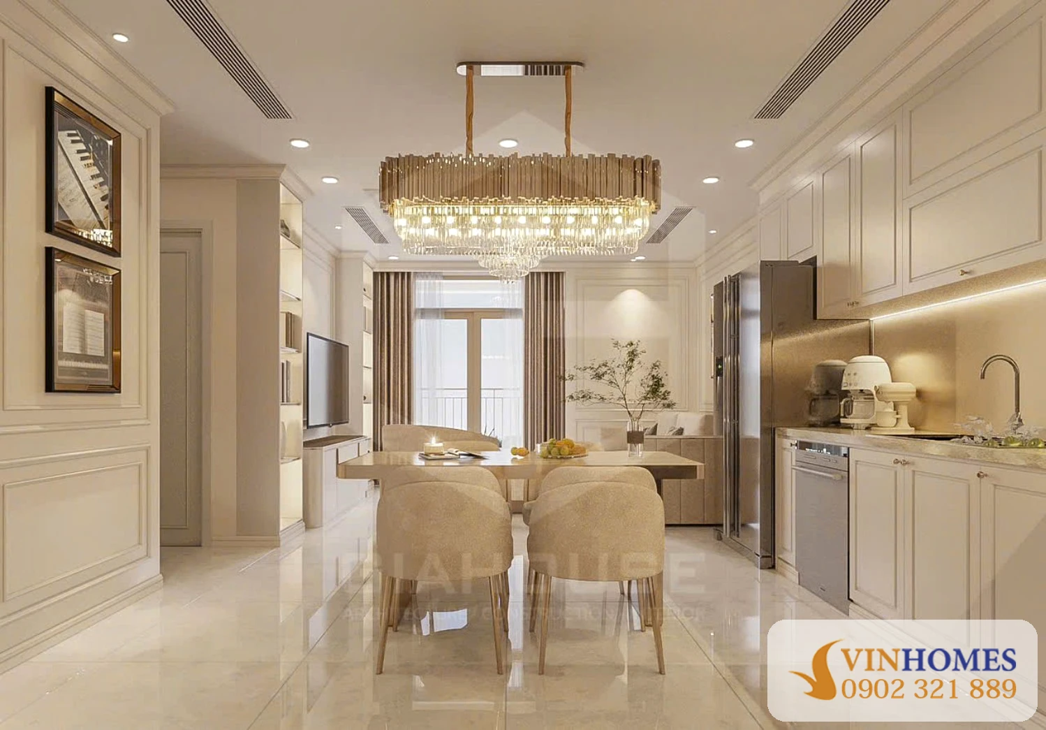 Phòng ăn và bếp cao cấp của căn hộ 2 phòng ngủ Vinhomes Central Park full nội thất đẹp