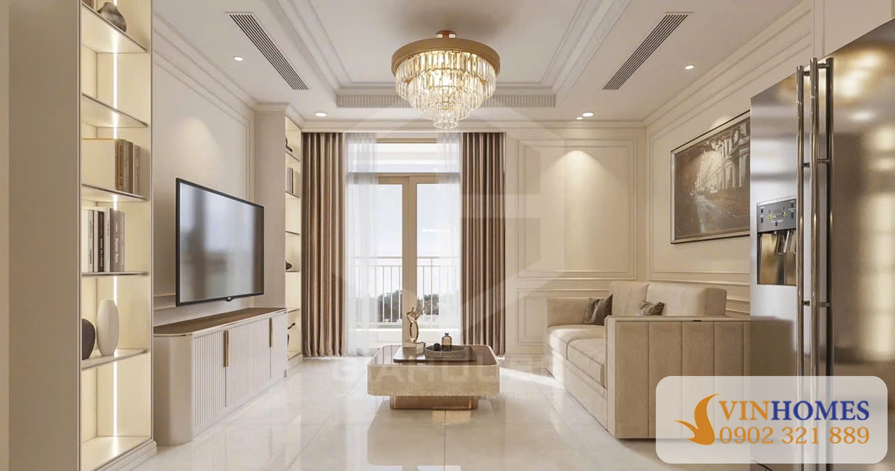 Phòng khách tông màu sáng của căn hộ 2 phòng ngủ Vinhomes Central Park full nội thất đẹp