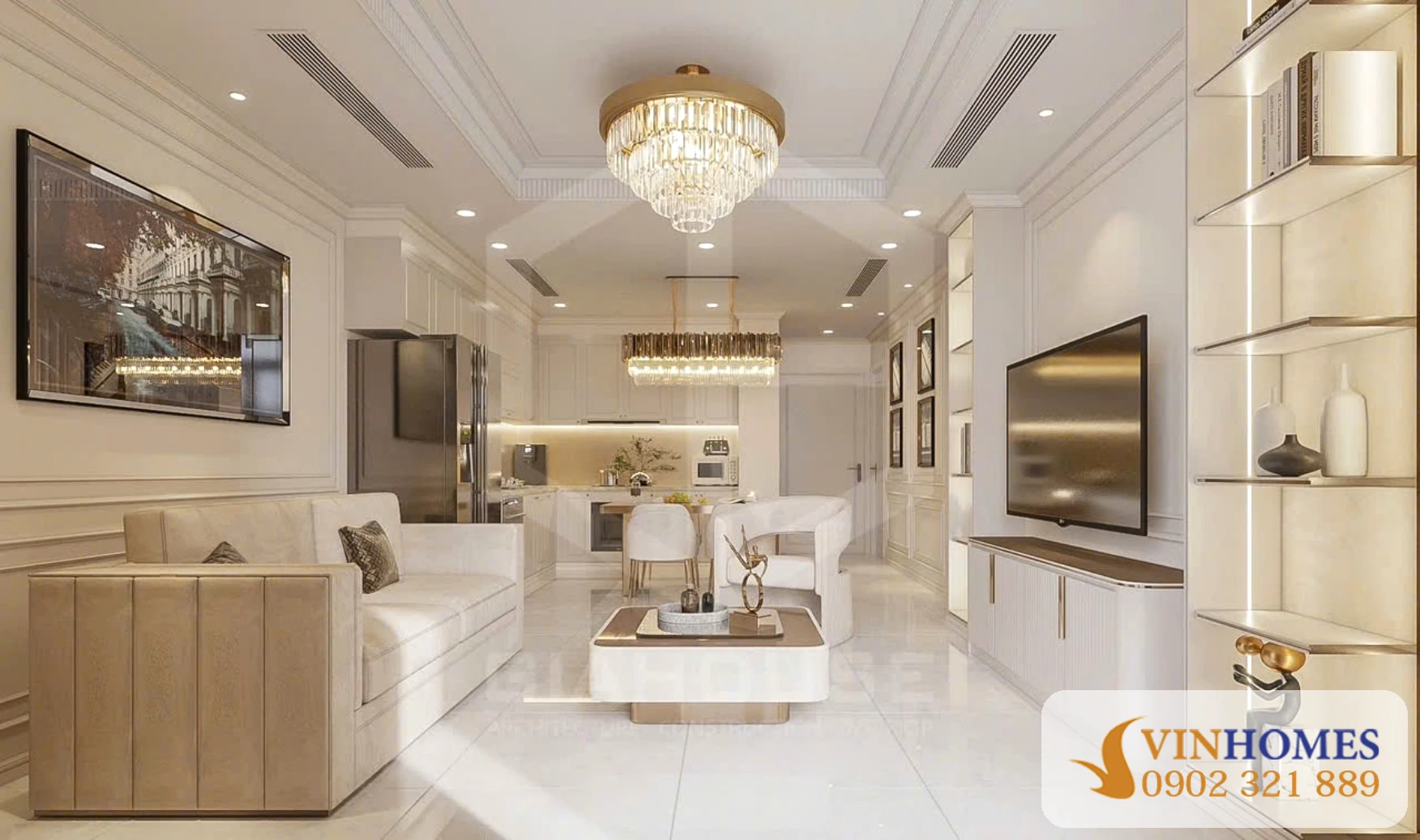 Phòng khách liền bếp của căn hộ 2 phòng ngủ Vinhomes Central Park full nội thất đẹp