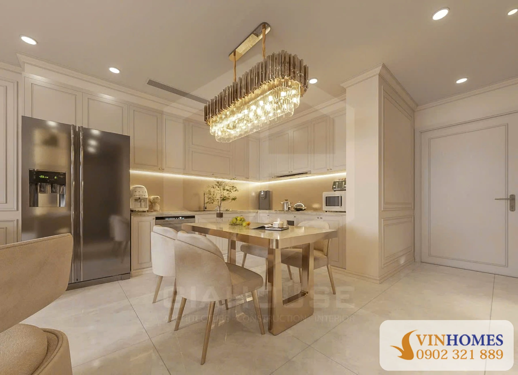 Bàn ăn và khu bếp hiện đại của căn hộ 2 phòng ngủ Vinhomes Central Park full nội thất đẹp