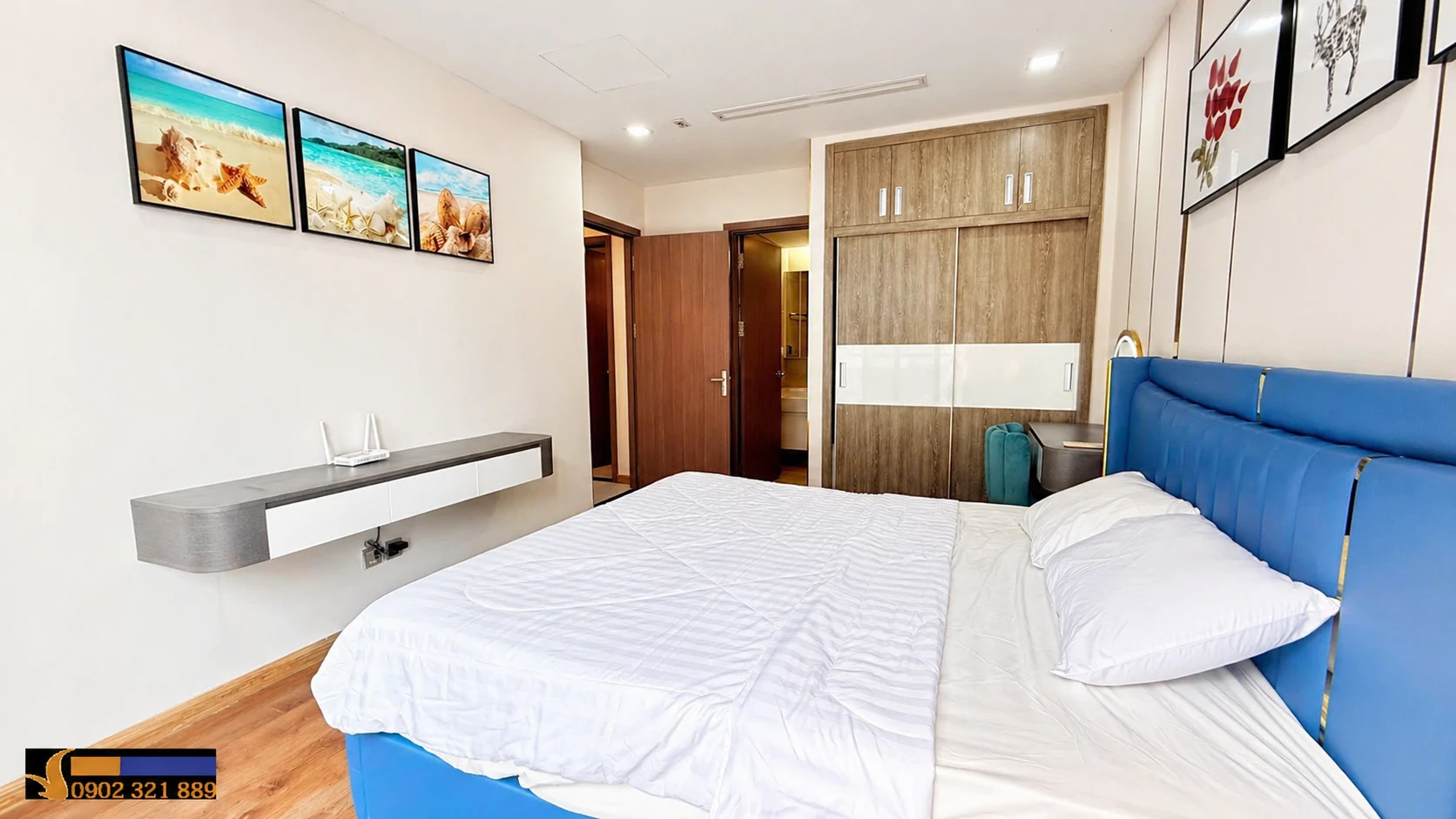 Phòng ngủ thiết kế hiện đại trong căn hộ 2 phòng ngủ Vinhomes Central Park cho thuê diện tích lớn, gam màu đẹp và cửa kính lớn.